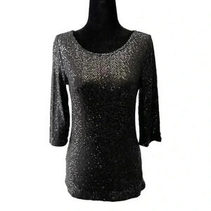 Reitman’s Sequin Top Scoop Neck 3/4 Bracelet Sleeves Sparkly Dressy  Black XS